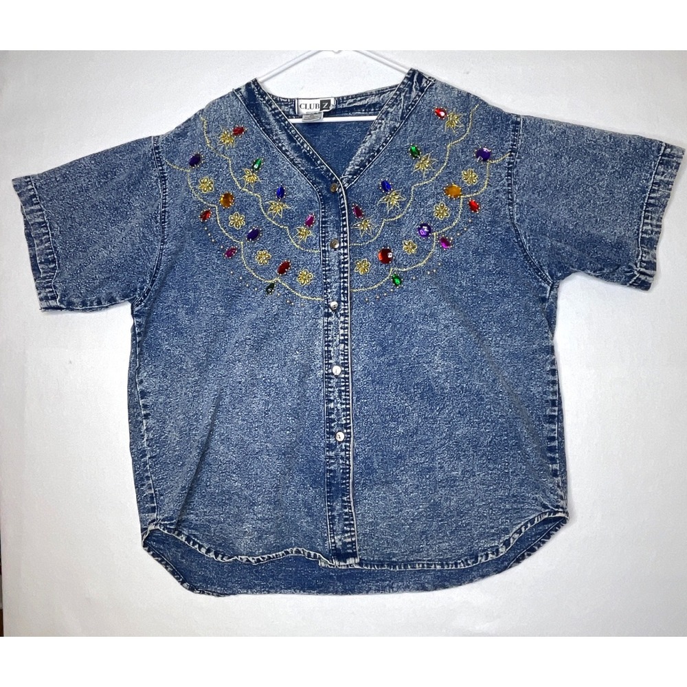 Club Z Womens Denim Top Acid Wash Embellished Button Front 2X Blue
